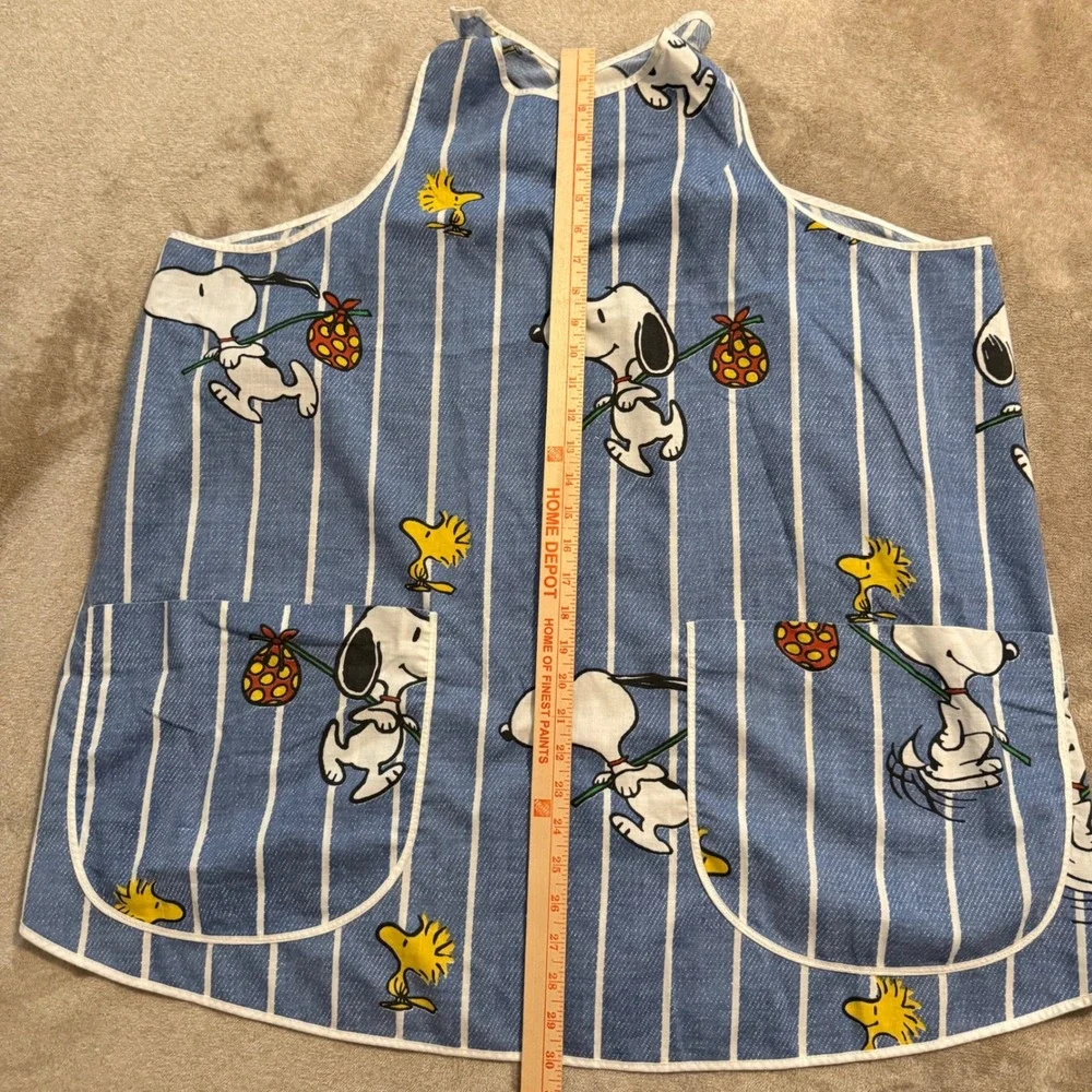 Vintage Snoopy Woodstock Peanuts Blue Striped Cobbler Apron Snap Pockets